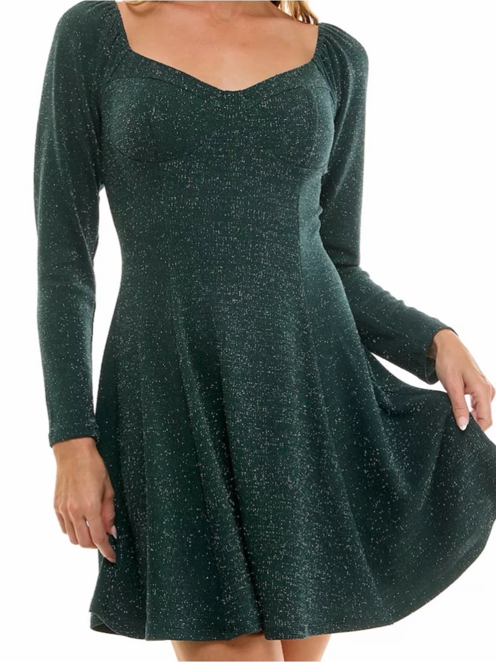 Lily Rose Molded Cup Glitter Knit Skater Long-Sleeve Fit & Flare